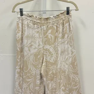 Ellen Tracy Floral Paisley Wide Leg Lounge Pants Smocked Waist Large Tan White thumbnail 3