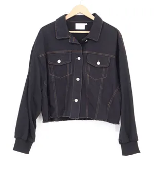 Lush Black Mixed Media Denim Trucker Jacket Raw Hem Contrast Stitch L thumbnail 1