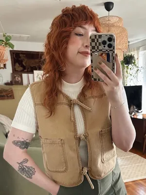LOFT Neutral Tie-Front Utility Vest in Light Taupe thumbnail 1