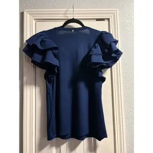 Trina Turk Ruffle Sleeve Top Womens Small Navy Blue Scoop‎ Neck 2206101MH1 thumbnail 6