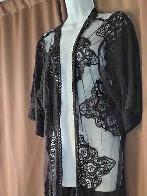 Black Sheer Boho Pullover Lace Kimono Robe Womens Top Flowy Sku 0010 thumbnail 2