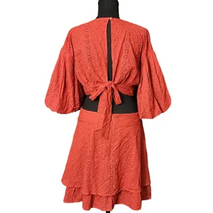 VICI Rust Orange Eyelet Dainty Tiered Cut Out Mini Dress‎ Puff Sleeves, Large thumbnail 8