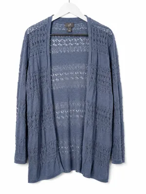 J Jill Open Front Cardigan Womens Medium Blue Open Knit 100% Mercerized Cotton thumbnail 1
