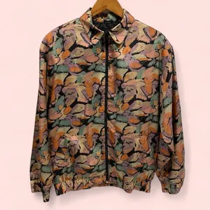 Funky vintage pastel earth tones silk Oleg Cassini track jacket pockets thumbnail 2