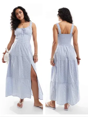 Hollister Sophia Blue Sweetheart Neck Smocked Embroidered Maxi Sun Dress Medium thumbnail 2