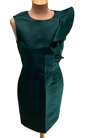 Zara Women's Hunter Green Satin Sheath Dress Size Medium Ruffle Cocktail Holiday thumbnail 1