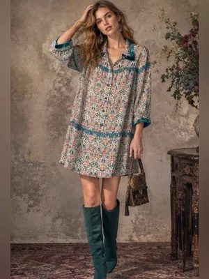 Anna Sui Boho Velvet Trim Printed Tunic Mini Dress - Long Sleeve Button Front L thumbnail 8