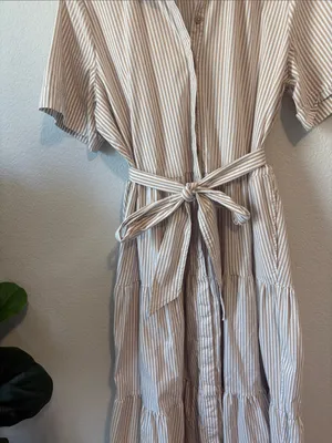 Chico's Cream and Tan Striped Button-Front collared tiered Maxi Dress thumbnail 3