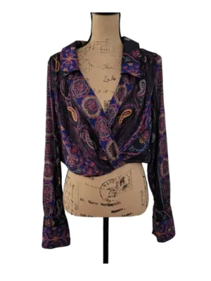 $98 NWOT Free People Lana satin wrap 70s inspired blouse M thumbnail 2