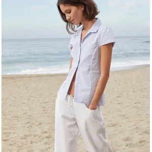John Galt Button Up Shirt Womens One Size Blue White Striped Seersucker Preppy thumbnail 2