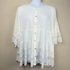 Oddi White Lace Tunic Blouse Boho Tiered Bell Sleeve Button Down Plus Size 1X thumbnail 10