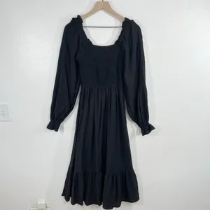 August Sky Smocked Maxi Dress S Black Long Sleeve Square Neck Cottagecore‎ Boho thumbnail 4