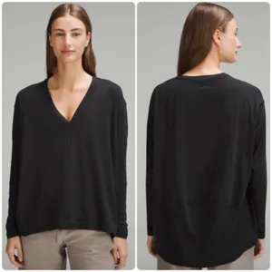 Lululemon Women Black Back In Action V Neck Athleisure Long‎ Sleeve Cotton Top thumbnail 2