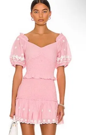 LoveShackFancy Pink Jarrah Mini Dress with Puff Sleeves thumbnail 1