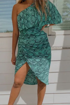 vestique One-Shoulder Teal Snake-Print Midi Dress thumbnail 1