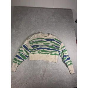 Aerie Women's M Cream Green Blue Wavy Stripe Cropped Knit Sweater Wool Blend thumbnail 2