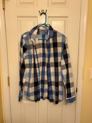 Express Men's Business Blue & White Checkered Plaid Button Down Dress Shirt thumbnail 3