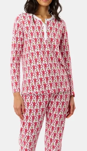 Roller Rabbit Monkey Top & Bottoms Pajamas Set Pink Red 100% Pima Cotton XS thumbnail 1