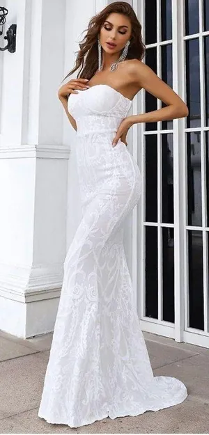 Gorgeous White Strapless Sequin Gown thumbnail 4