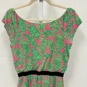 Lilly Pulitzer Pink‎ Green Palm Leaf Print Tunic Top Small Tropical Boat Neck thumbnail 5