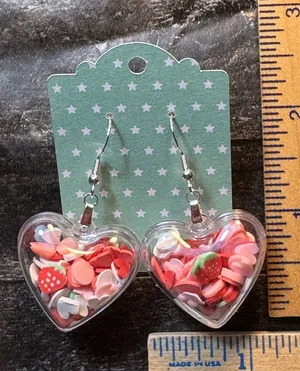 Handmade Heart Puff Shaker Dangle Earrings Strawberries And Hearts New thumbnail 1