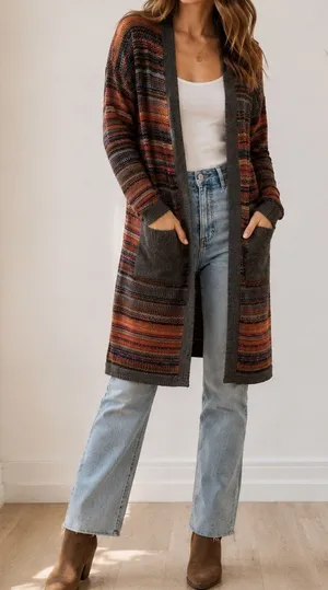 Mystree Cardigan Duster Sweater M Multi-Color Striped Longline Western Boho thumbnail 1