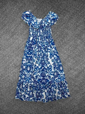 Blue White Floral Smocked Puff Sleeve Maxi Dress Size M thumbnail 7