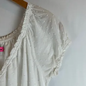 Betsey Johnson White Swiss Dot Midi Dress Smocked Waist Tiered Ruffle Milkmaid M thumbnail 10