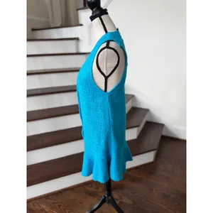 NWT Zara Teal Blue Boucle Tweed Sleeveless Plunge Flutter Hem Mini Shirt Dress thumbnail 3