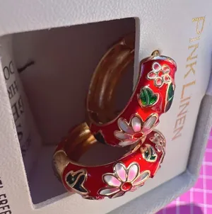 Pink linen round hoop clip earring gold tone red flower loop LEAD SAFE gift box🎁 thumbnail 7