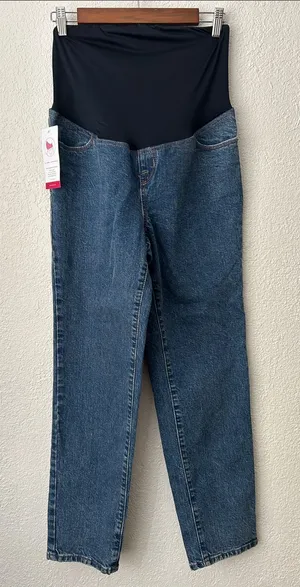 Isabel 90s Straight Size 6 Maternity Blue Denim Jeans with Navy Belly Panel thumbnail 1