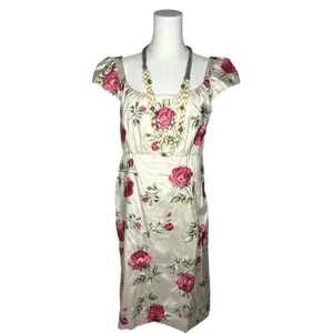 vintage Ivory Floral Brocade Pink Rose Print Empire Waist Cottagecore Midi Dress thumbnail 3