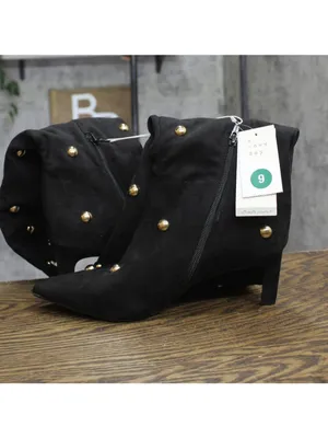 A New Day Studded Faux Suede Mid-Calf Boots with Cone Heel Jet Black / Gold 9M thumbnail 7