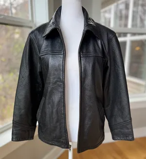 Vintage Rainforest Black Leather Jacket Quilted Lining Buckle Details Medium thumbnail 1