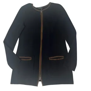 LAUREN RALPH LAUREN Black Cotton Knit Jacket Brown Faux Suede Trim Size Medium thumbnail 4