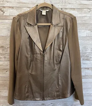 Vintage Peter Nygard Womens L Jacket Bronze Studded Leather & Knit‎ Back Sleeves thumbnail 1