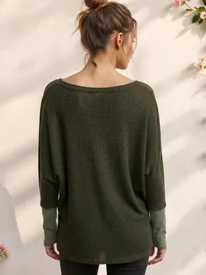 BiBi Olive Green Waffle Knit Dolman Sleeve Top Size Large NWOT thumbnail 12