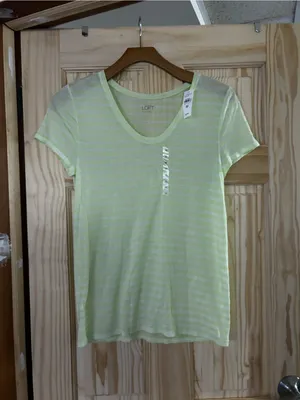 LOFT Women’s Lime Green Striped V-Neck Tee nwt thumbnail 3