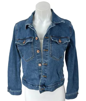 J.Crew Women's Blue Denim Long Sleeve Stretch Button Down Crop Jean Jacket Sz XS thumbnail 1