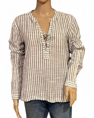 Abercrombie & Fitch White & Black Striped Lace Up Boho Top Size Large Cotton thumbnail 1