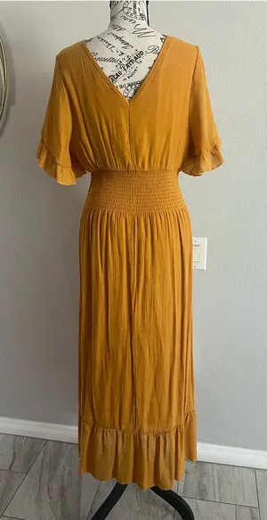 Smocked-Waist Mustard Maxi Dress with V-Neck and Flutter Sleeves thumbnail 1