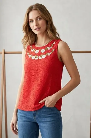 Entro Womens SIze Large Red Lace Tank Top Embroidered Floral Neck Keyhole Boho thumbnail 1