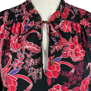 WHBM Small Tunic Top Floral Lined Long Balloon Sleeve Stretch Keyhole Smocked thumbnail 2