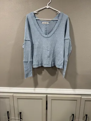 Free People Sky Blue Waffle V-Neck Long Sleeve Top thumbnail 2