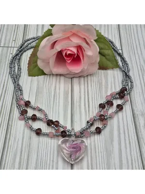 Artisan Silver & Pink Beaded Necklace With Glass Floral Heart Pendant 21" Fairy thumbnail 3