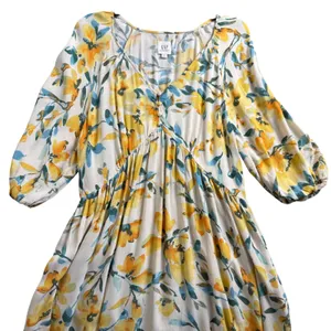 Gap Maternity Dress Womens Large Floral V-Neck Midi Boho Puff Sleeve Yellow Blue thumbnail 3