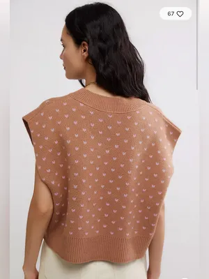Free People V-Neck Cropped Knit Vest in Light Brown with Pink Accents thumbnail 2
