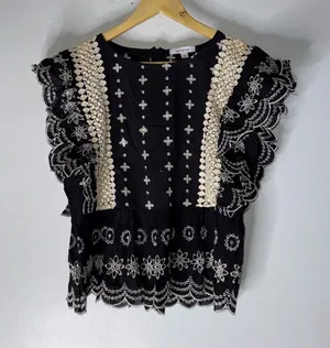 Monograph Black Cream Embroidered Ruffle Short Sleeve Top Boho‎ Medium thumbnail 1