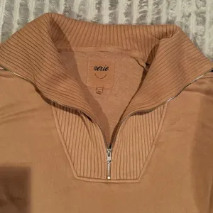 Aerie Oversized Quarter Zip Sweatshirt Tan‎ Ribbed Trim Pullover XS thumbnail 3