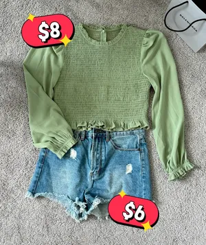 Sage Green Smocked Puff Long Sleeve Crop Top Ruffle Trim Casual Blouse thumbnail 1